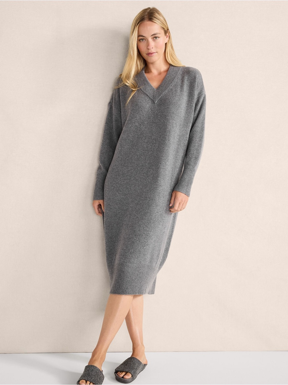 Haven Well Within 100% Cashmere Sweater Dress Gray V Neck Size XL Women’s